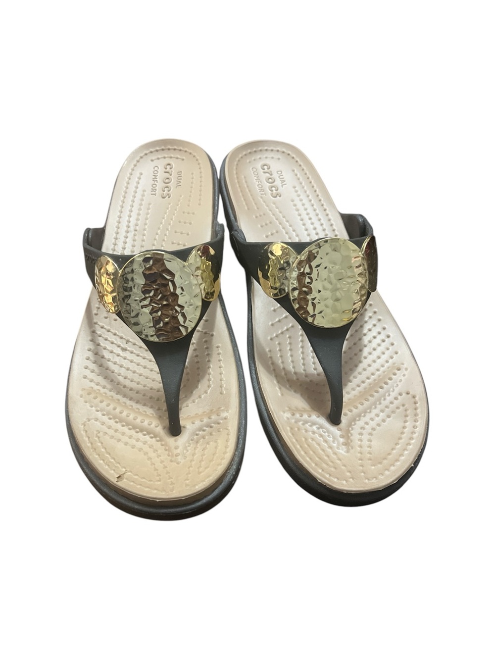 Crocs Sanrah Hammered Circle Wedge Flip Flop Sandals Espresso Gold Women's SZ W9